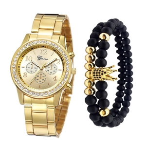 Golden Geneva quartz watch set with rhinestones and black beaded crown charm bracelet