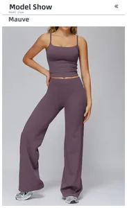 Detail of dusty purple yoga set featuring a cropped cami top and flared high-waist leggings