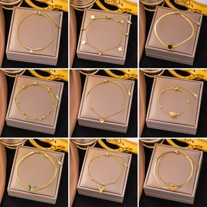 Women Titanium Steel Anklet Gold Plated Double Layer Heart Butterfly Shell Charms Fashion Elegant Foot Jewelry Gift