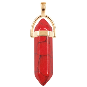 Detail of red hexagonal crystal pendant with gold bail and natural black marble texture