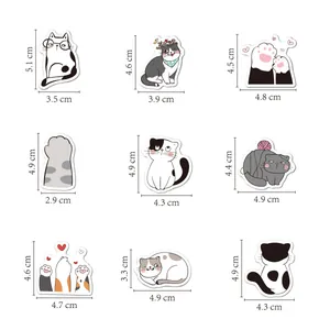 Size chart showing exact dimensions for nine different waterproof cartoon cat stickers