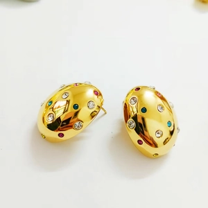 French vintage oval gold earrings with colorful zircon stones in a stylish geometric design
