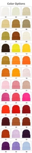 Grid display of 36 vibrant colors for knit beanies showing various material shades