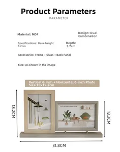 Detailed dimensions of dual MDF wooden photo frames with wood grain and gray finish