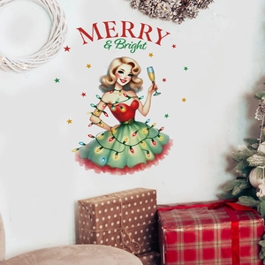 Retro Christmas wall sticker featuring a festive woman illustration with Merry & Bright text