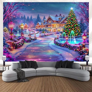 Detail of Christmas tapestry featuring a dreamy snow night villa and festive lights