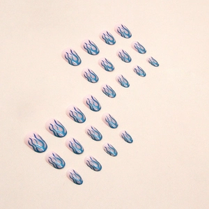 Blue gradient aurora flame press-on nails in short round oval shape for women