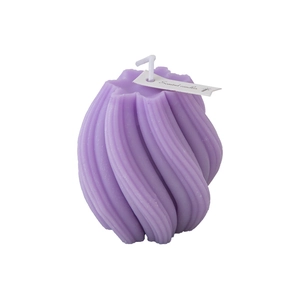 Spiral geometric scented candle in purple wax with a paper tag on a white background