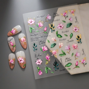 Japanese gold bronzing nail stickers with elegant magnolia flower and leaf patterns
