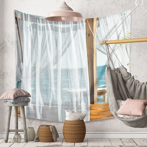 Bohemian wall tapestry with coastal window view for modern room decor and aesthetics