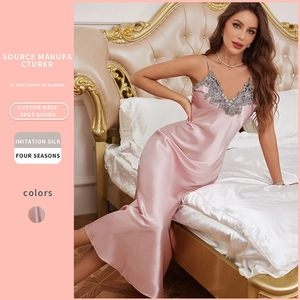 Camicia Da Notte Lunga Sexy Sottoveste Bordo In Pizzo Scollo V Raso Di Raso Pigiameria Senza Maniche Abito Rosa Casa