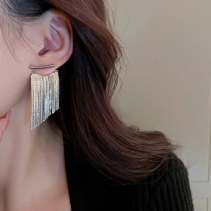 Close-up of a silver tassel earring with long metal chains worn by a female model