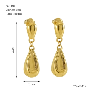 Detail view of 18K gold plated stainless steel teardrop earrings measuring 36mm by 11mm