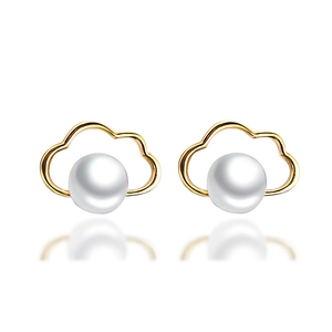 Cloud shaped S925 silver stud earrings with natural freshwater pearls and golden frame