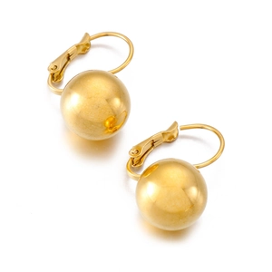 Close-up of golden spherical hoop earrings with hinged clasp on white background