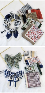 Detail showing various silk square scarves with geometric and floral prints for women