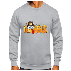 Gray hoodie with colorful Gobble letter print and turkey pattern for Thanksgiving