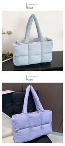 Detailed comparison of blue and purple quilted puffer tote bags with checkered pattern