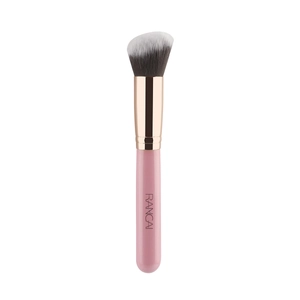 Angled foundation brush with pink handle and dense synthetic fiber bristles for makeup