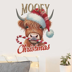 Sticker mural vache des Highlands Noël avec texte Mooey Christmas pour décoration