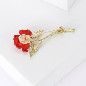 Elegant vintage red enamel and gold metal rose brooch pin for women suit accessory