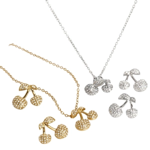 Exquisite gold and silver cherry jewelry set with sparkling zircon crystal earrings and necklaces
