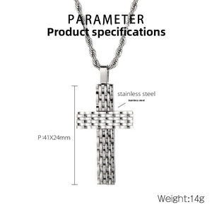 Close-up of silver stainless steel cross pendant with detailed diamond-cut texture