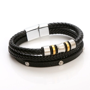 Men's multi-layer braided leather bracelet with silver and gold metal lucky beads and clasp