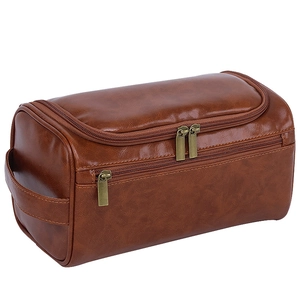 Grande borsa da toilette impermeabile in pelle PU marrone con manico e doppia zip