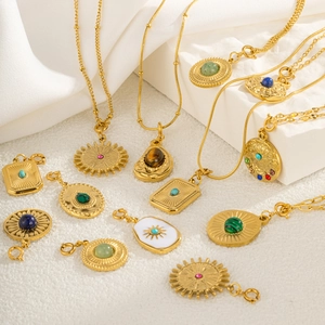 Golden square ripple pendant necklace and earring set with colorful gemstones