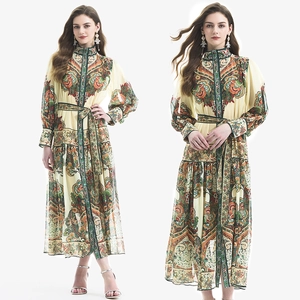 Vintage Paisley Print Lantern Sleeve Long Maxi Dress With Waist Tie Stand Collar Bohemian Elegant