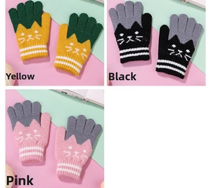 Three pairs of knit gloves for kids with cartoon cat patterns in yellow, black, and pink