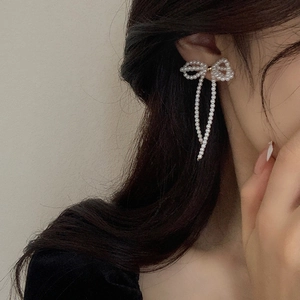 Silver needle bowknot pearl tassel earrings elegant long dangle jewelry for women