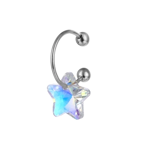 Detail of a C-shaped stainless steel ear stud with a sparkling rainbow crystal star pendant