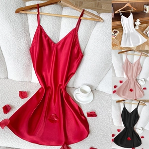 Chemise De Nuit En Satin Femme Col En V Bretelles Spaghetti Sommeil Imitation Satin Robe De Nuit Soyeux Respirant