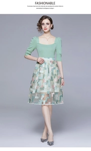Close-up of light green knit top and geometric embroidery on mesh fairy dress