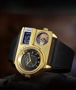 Macro shot of gold-tone case with dual display analog digital world map dial details