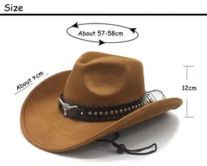 Detailed size chart for suede cowboy hat featuring brim width and crown height