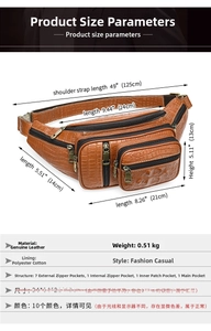 Detailed view of crocodile embossed leather waist bag with multiple zipper pockets