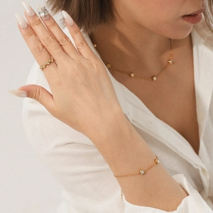 Detail of 18K gold plated stainless steel jewelry set with sparkling zircon stones