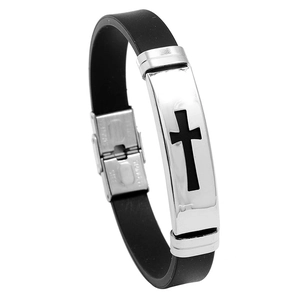 Men Stainless Steel And Silicone Cross Bracelet Religious Punk Style Jewelry Wristband