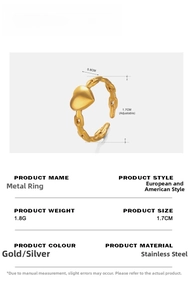 Detailliertes Datenblatt eines 18K Gold Herzrings mit verstellbarem Band und 1,7cm Maß