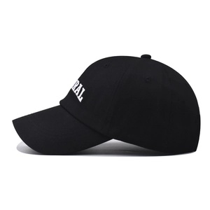 Side view of black cotton baseball cap with white embroidered RAL letters on the side
