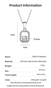 Detailed product specifications for S925 sterling silver rectangular moissanite necklace
