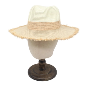 Chic two-tone woven straw sun hat with fringe brim for summer beach vacations
