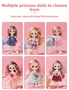 Detail view of six articulated mini princess dolls with various hairstyles and dresses