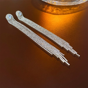 Close-up of elegant silver tassel earrings with sparkling oval zircon stones