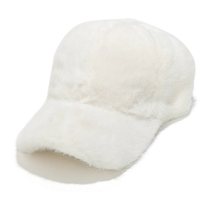 Close-up detail of pure white faux fur baseball cap with plush texture and curved brim