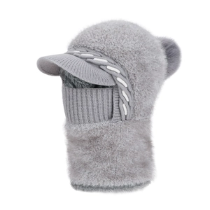 Women's 3-in-1 winter knit hat with neck warmer, face mask and gray faux fur pompom