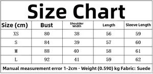Size chart for faux suede peplum jacket with measurements for XS to L in centimeters